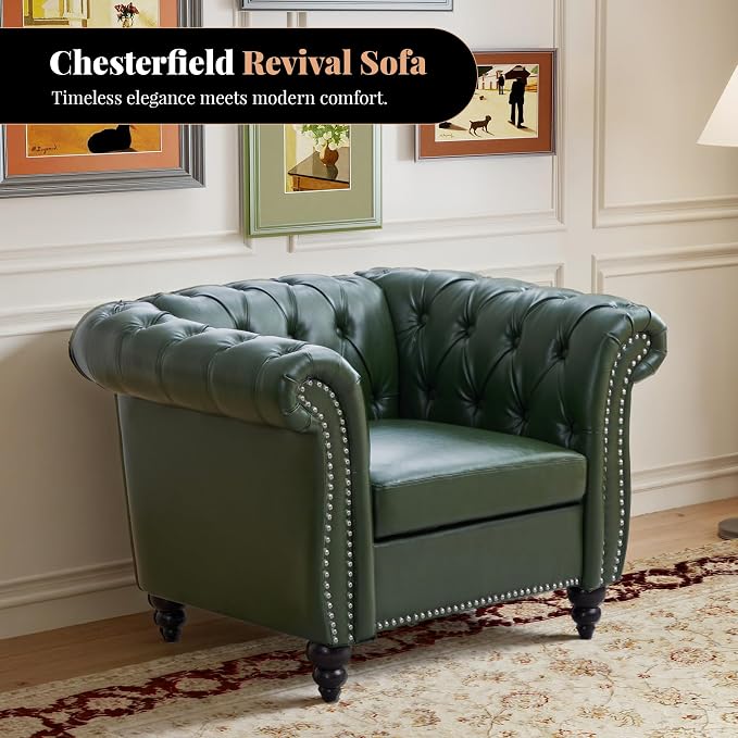 LEVNARY Chesterfield Armchair, Tufted Leather Accent Chair, Mid-Century Modern - Image 3