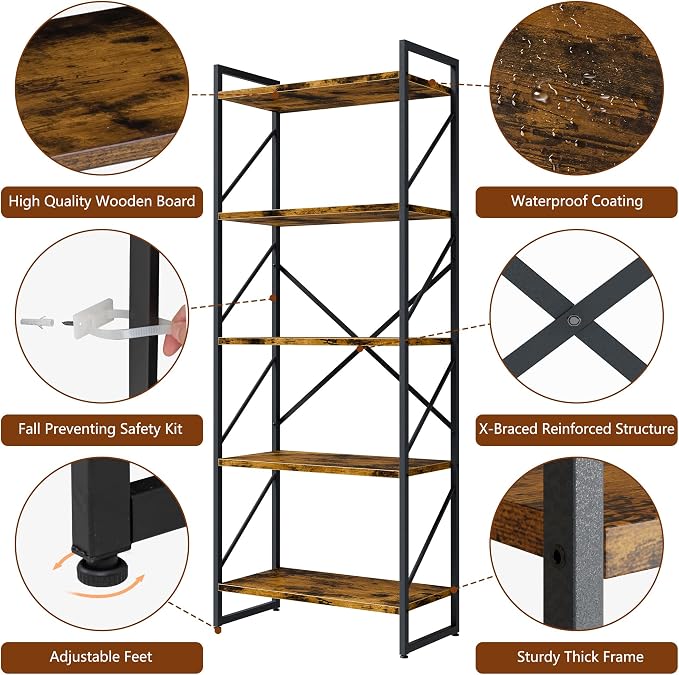 Shintenchi 2 Pieces 5 Tiers Bookshelf, Classically Tall Bookcase Shelf - Image 7