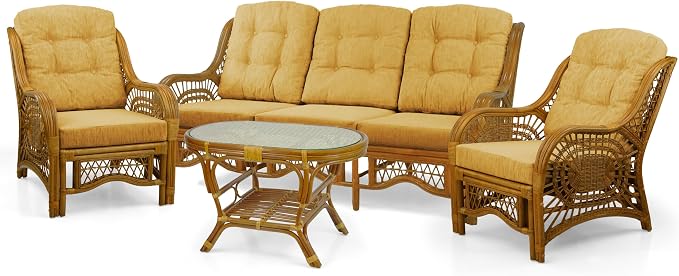 Malibu Lounge Set of 4: 2 Natural Rattan Wicker Chairs, Three-Seater Sofa - Image 2
