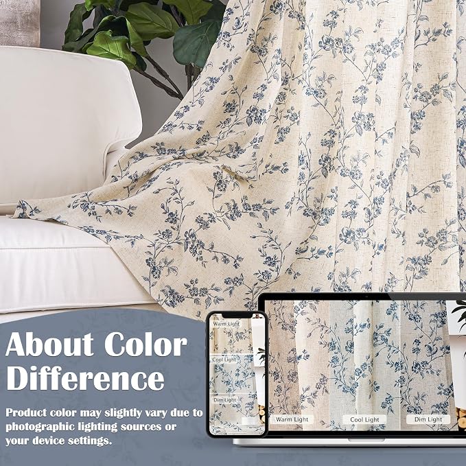 Lazzzy Farmhouse Linen Curtains Extra Long Blue Floral Curtains 108 Inch Long - Image 6