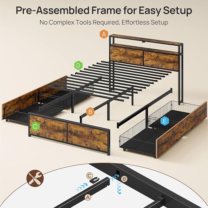Rolanstar Twin Bed Frame with 4 Storage Drawers, Charging Station and LED Lights - Image 3