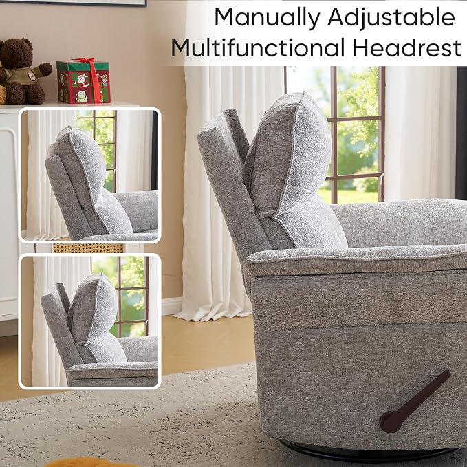 Rocking Chair Nursery with Adjustable Headrest, Manual Swivel Rocker Recliner - Image 6