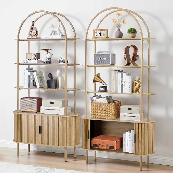 79" Tall Arched Bookshelf with Sliding Tambour Doors, Mid Century Modern Curved - Image 5