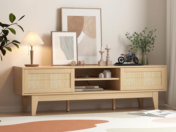Boho TV Stand for 55 65 Inch TV, Rattan Entertainment Center by Xixini