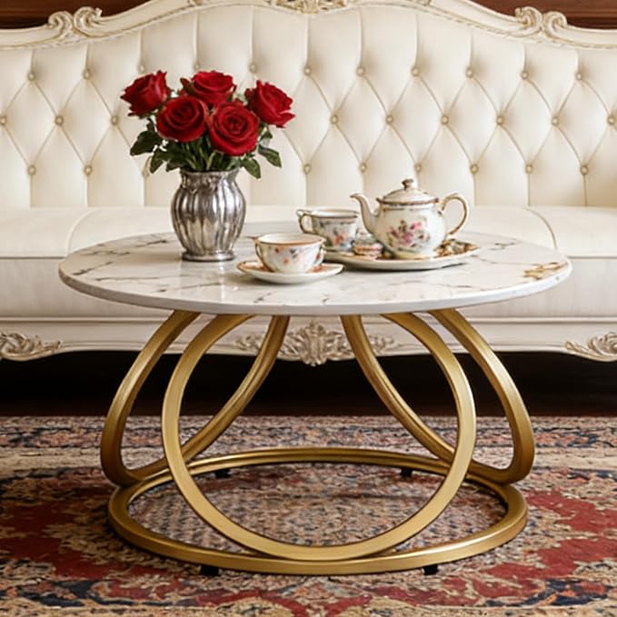O&K FURNITURE Modern Gold Coffee Table, Faux Marble Pattern Center Table - Image 3