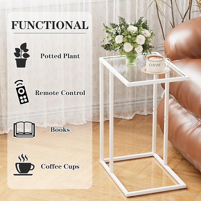 Easy Paws Small C Shaped Table for Sofa, Glass Couch Sofa Tray Snack Table for - Image 4