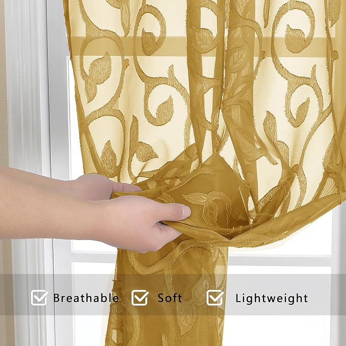 OWENIE Furman Gold Sheer Curtains 45 Inch Length 2 Panels Set - Image 5