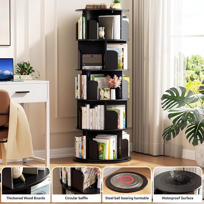 Aheaplus Rotating Bookshelf, 360 Display Wood Spinning Bookshelf Tower - Image 4