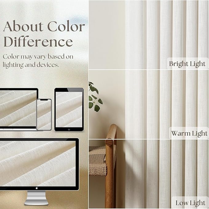 Guken 100% Blackout Cream Linen Curtains 52 Inch Wide by 56 Inch 2 Panels Set - Image 7