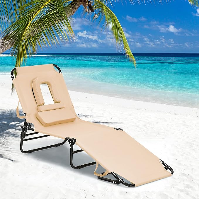 Folding Beach Lounge Chair w/ 5 Adjutable Backrest & Padded Pillow, Sunbathing - Image 2