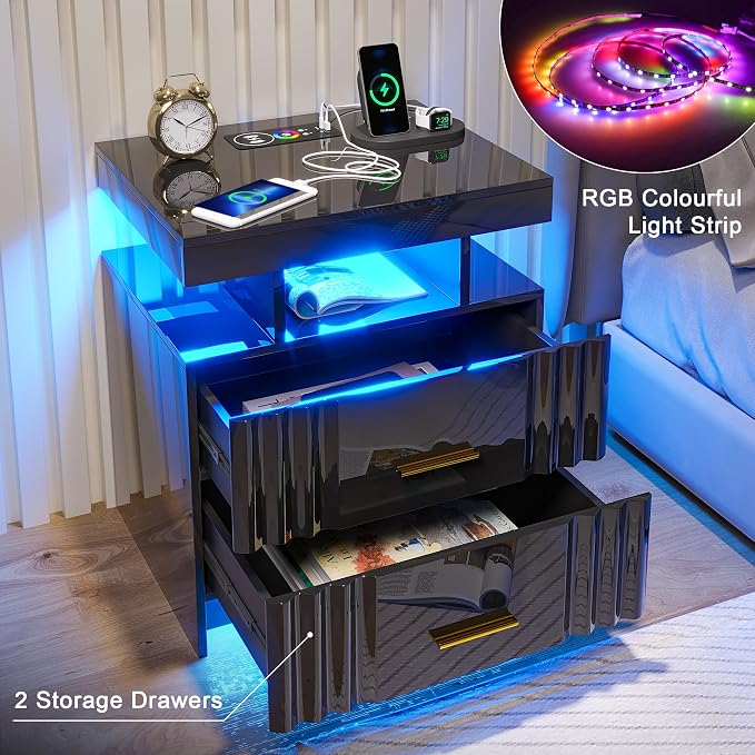 Nightstand with Wireless Charging Station, Bedroom Bedside Table with RGB Lights - Image 7