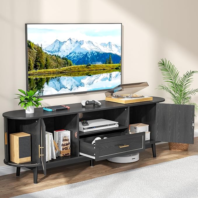 70" Fluted TV Stand for Tvs up to 80", Mid-Century Modern Entertainment Center - Image 7