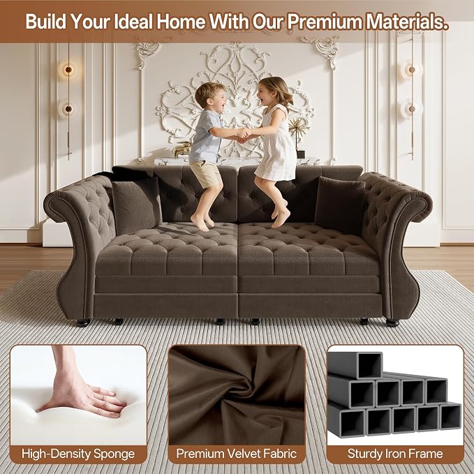 83.8" Oversized Pull Out Sofa Bed, Chesterfield Velvet Sleeper Sofa Couch - Image 5