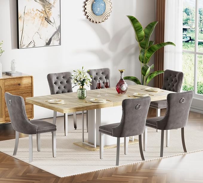 Henf 63"-79" Dining Table Set for 6, 7 Pieces Extendable Dining Table and 6 by Henf