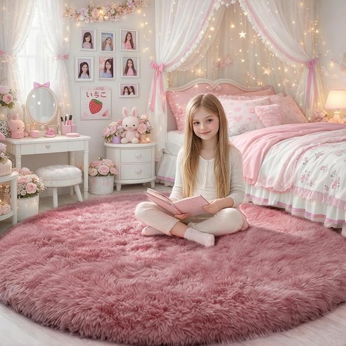 Blush Pink Big Round Rug 8Ft for Kids Bedroom, Large Fluffy Fuzzy Furry Circle by Amdrebio