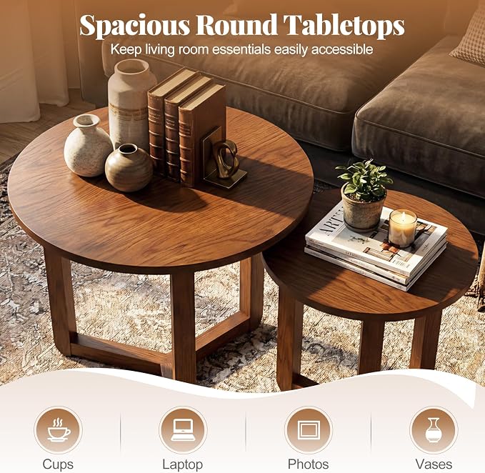 Giantex Round Nesting Coffee Table Set of 2, Wood Nesting End Tables - Image 4