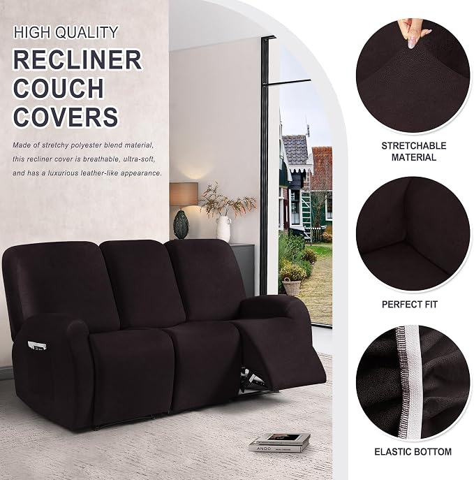 ANARACHON Leather Look Recliner Couch Cover, 8-Pieces Stretch Recliner Sofa - Image 4