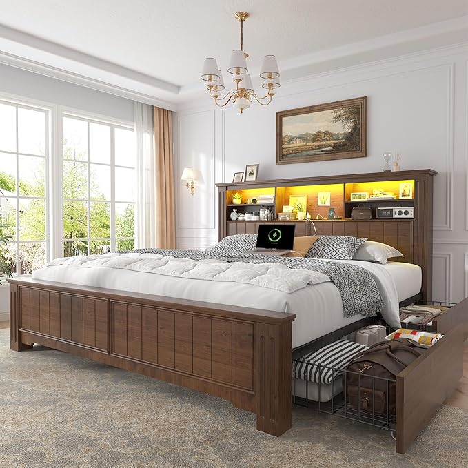 EnHomee Queen Bed Frame with Headboard and Storage, 4 Drawers and LED Built in by EnHomee