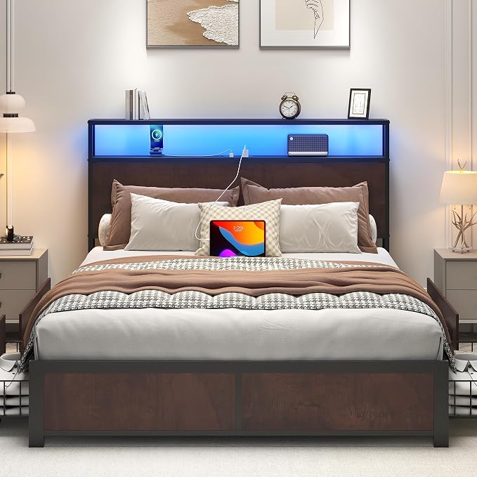 Lifezone Full Bed Frame with 2-Tier Storage Headboard, Metal Platform Bed Frame - Image 3