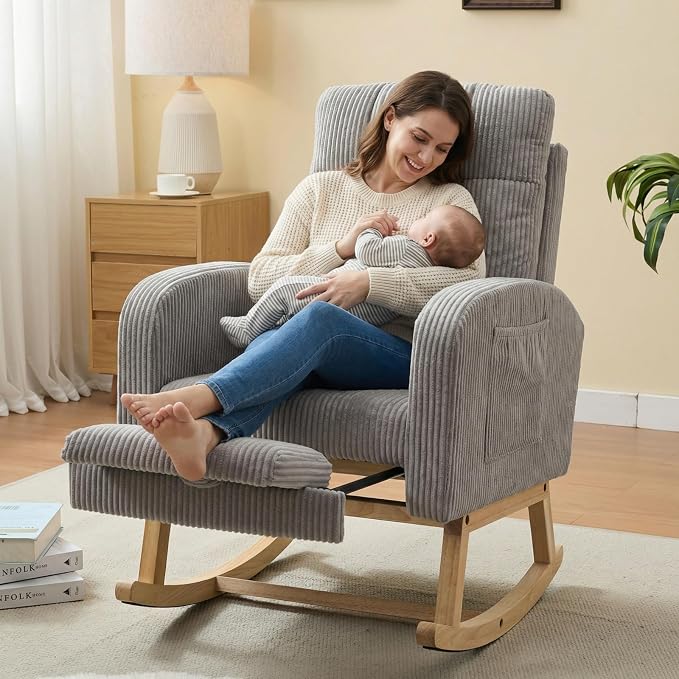NIOIIKIT Nursery Rocking Chair, Corduroy Upholstered Rocking Chair - Image 3