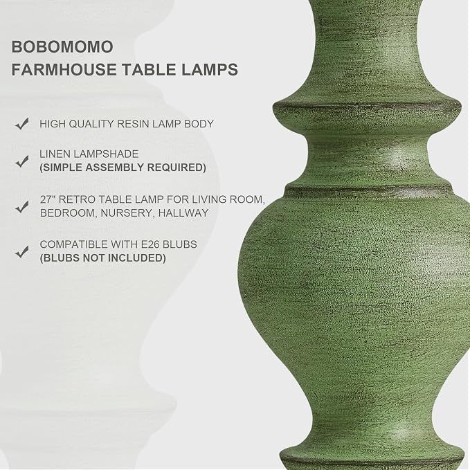 BOBOMOMO 27" Sage Green Table Lamps Set of 2, Large Farmhouse Resin Lamps - Image 2
