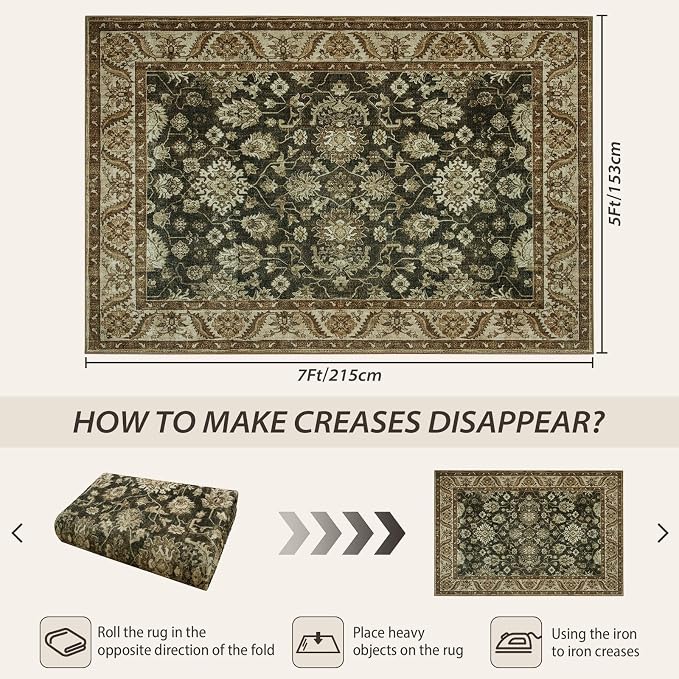Area Rugs for Living Room, Washable 5x7 Area Rug for Bedroom, Retro Floral - Image 2