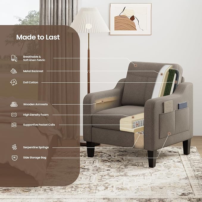 Accent Chair for Living Room Modern Linen Upholstered Armchair Side Wooden - Image 9