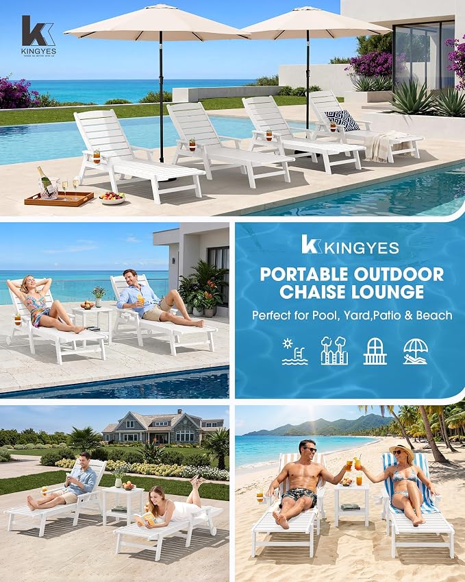 KINGYES HDPE Lounge Chair Outdoor, Patio Chaise Lounge Recliner - Image 8