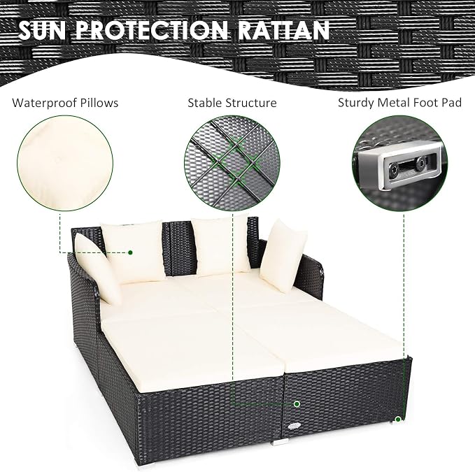 COSTWAY Outdoor Patio Rattan Daybed, Sponge Cushioned Loveseat Sofa - Image 7