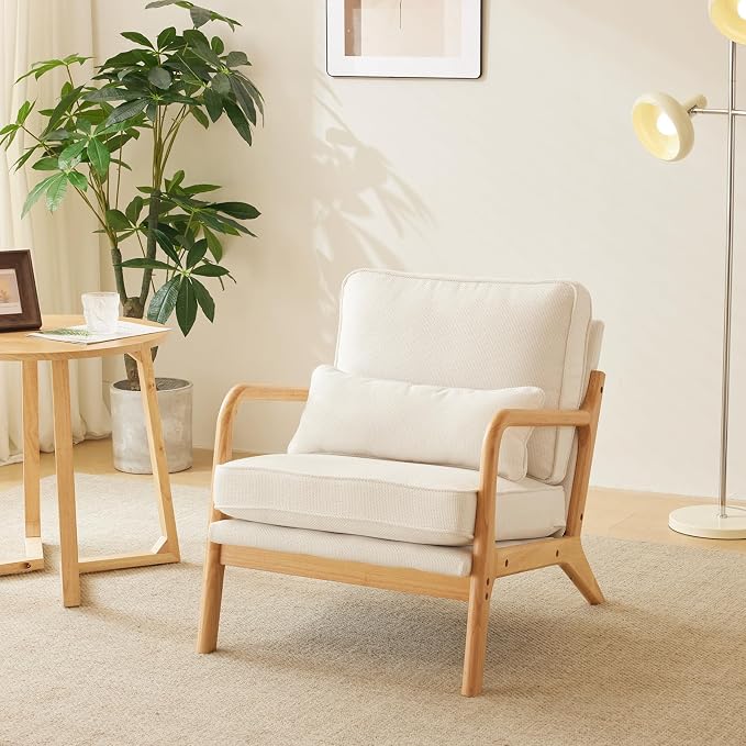 VINGLI Coarse Linen Beige Comfy Accent Chair, Mid Century Modern Lounge Armchair by VINGLI