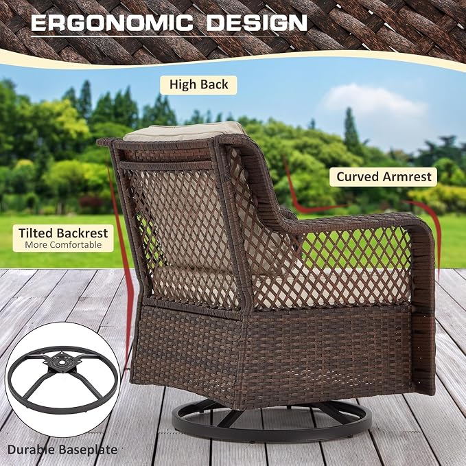 6 Pieces Wicker Patio Furniture Set Conversations Sets, 2 Outdoor 360° Swivel - Image 4