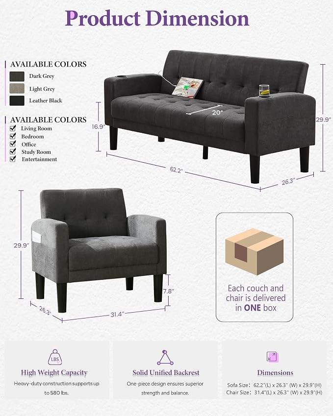 TYBOATLE Sofa Couch, Living Room Furniture Sectional Sofa Sets of 3 Pcs - Image 2