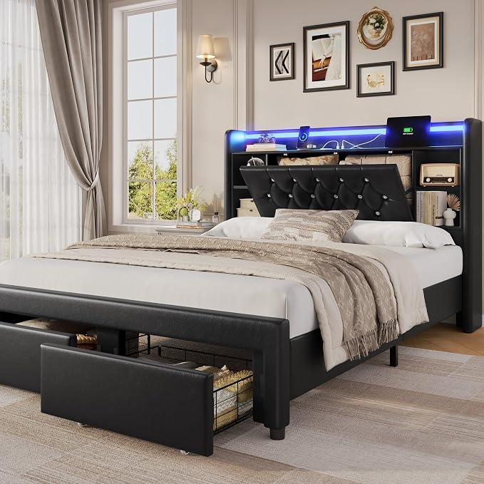 Queen Bed Frame with Drawers, Hidden-Cubby & Shelves Storage Headboard with by KeyluvHome