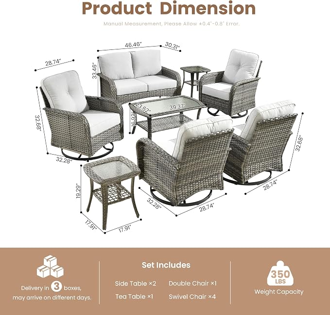 8 Pieces Outdoor Patio Furniture Sets, High Back Swivel Rocker Chairs Loveseat - Image 2