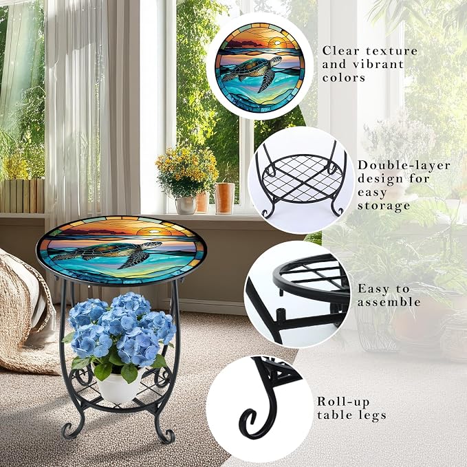 Cinnvoice Outdoor Side Table Round Small Mosaic Patio Accent Indoor End Plant - Image 4