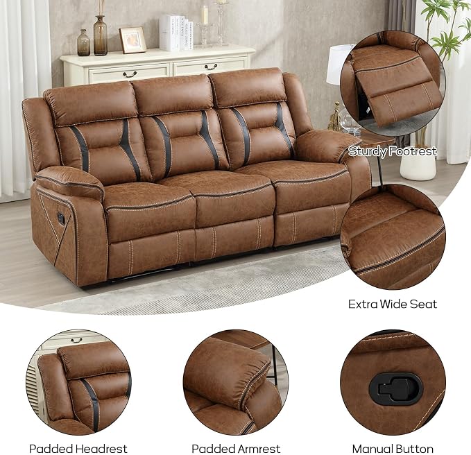 EBELLO Manual Recliner Sofa Set, Faux Leather Reclining Living Room Furniture - Image 3