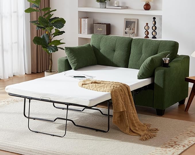 Full Size Pull Out Sleeper Sofa Bed, 2-in-1 Convertible Corduroy Pull Out Couch - Image 2
