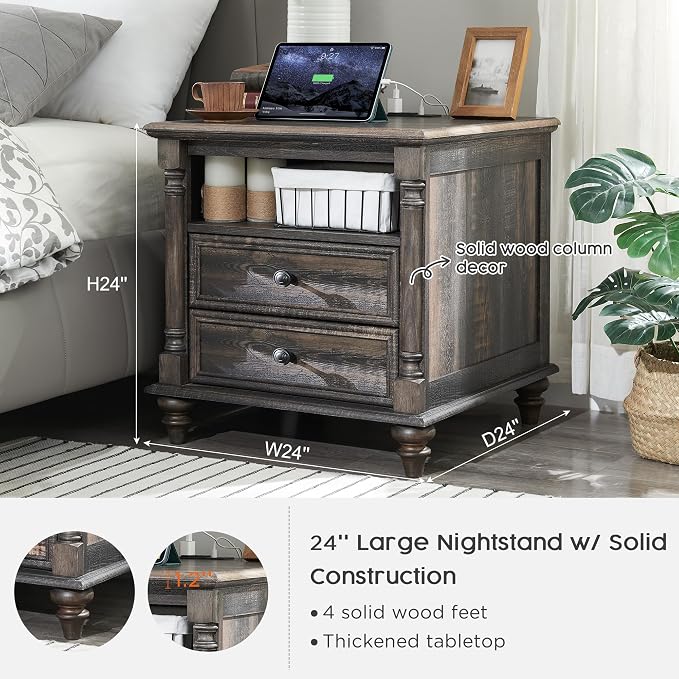 T4TREAM 24'' Farmhouse End Table w/4 Solid Wood Feet, Large 2 Drawers Wide Sofa - Image 2