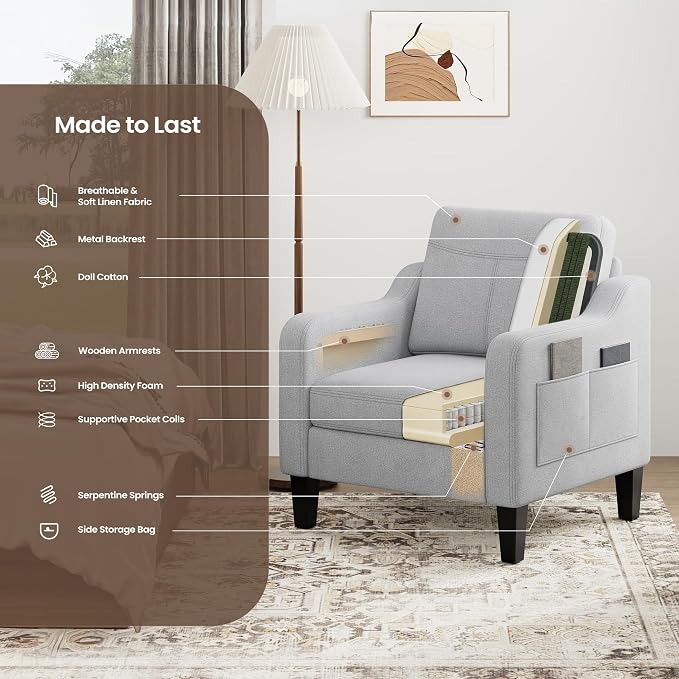 Accent Chair for Living Room Modern Linen Upholstered Armchair Side Wooden - Image 9