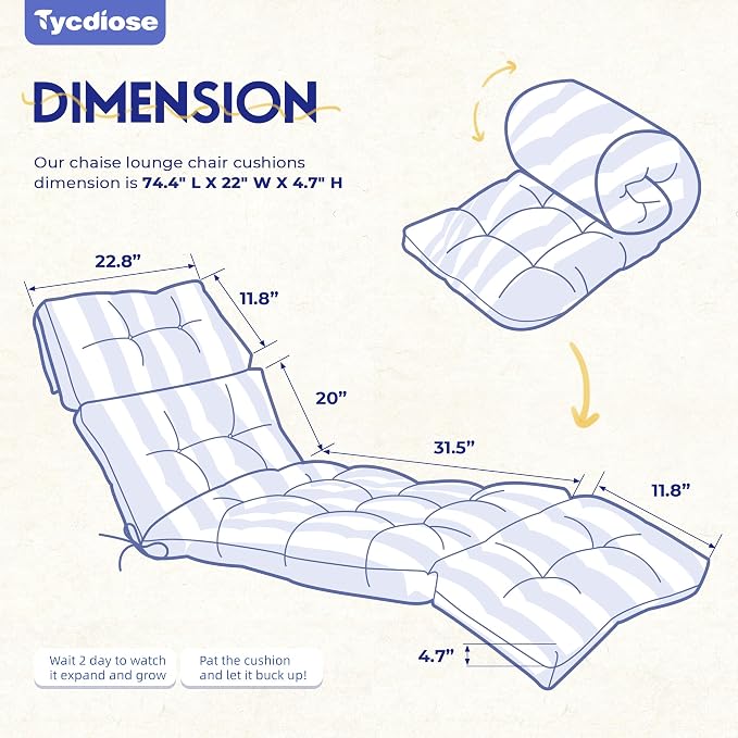 Outdoor Chaise Lounge Chair Cushion Waterproof 74.4 x 22 x 4.7 Inches Memory - Image 3