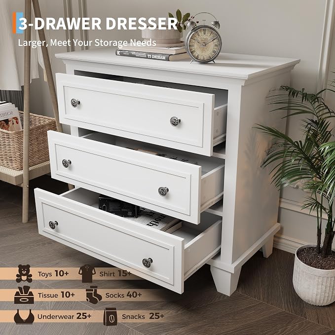 IDEALHOUSE 3 Drawer Dresser, Wooden Storage Chest of Drawers - Image 4