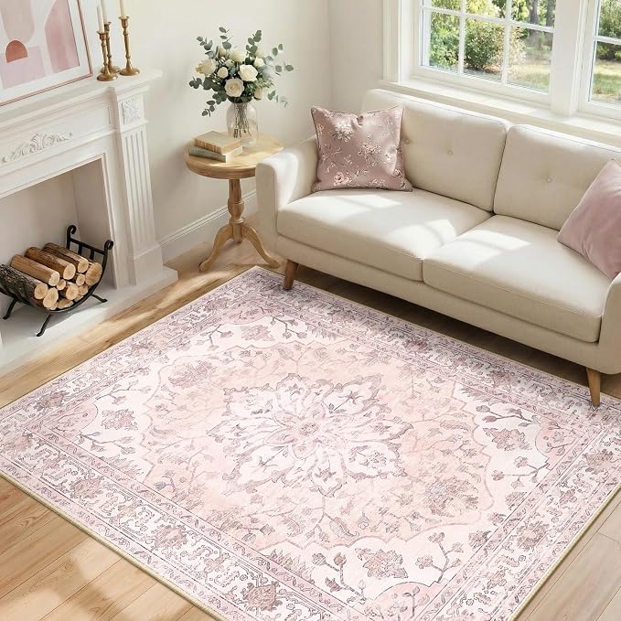 RELEANY Area Rugs 4'x5' Washable Non-Slip, Floral Vintage Distress Print by RELEANY