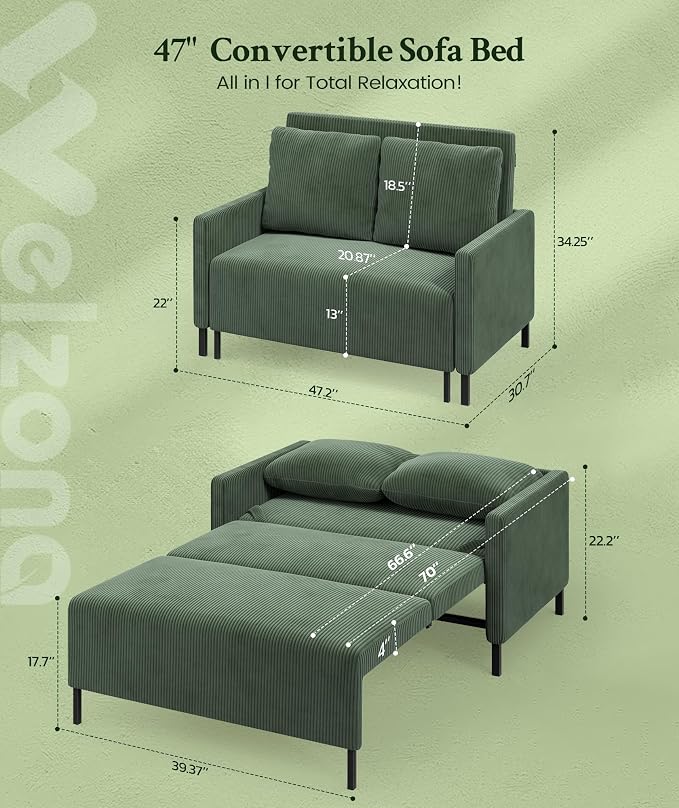 Welzona 47.2" Convertible Sofa Bed Couch, Comfy Corduroy Loveseat Sleeper Sofa - Image 2