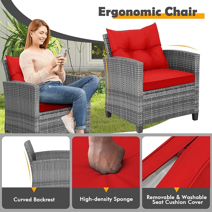 COSTWAY 3PCS Patio Furniture Set, PE Rattan Wicker Sofa w/Washable Cushion and - Image 5