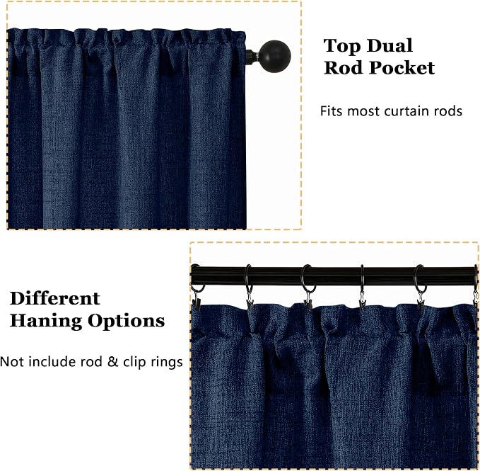 OWENIE Navy Blue Valances for Windows 1 Pcs, Light Filtering Textured Farmhouse - Image 4