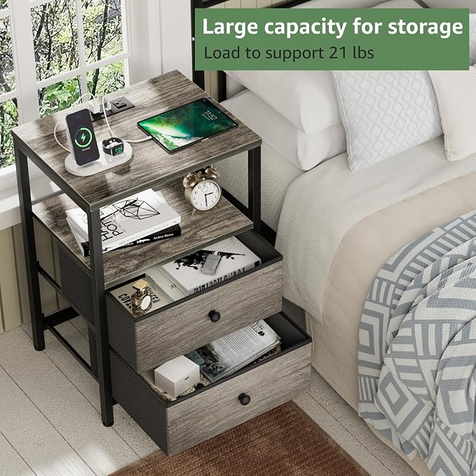 BOLUO Gray Nightstand with Charging Station, LED Night Stand with 2 Fabric - Image 5