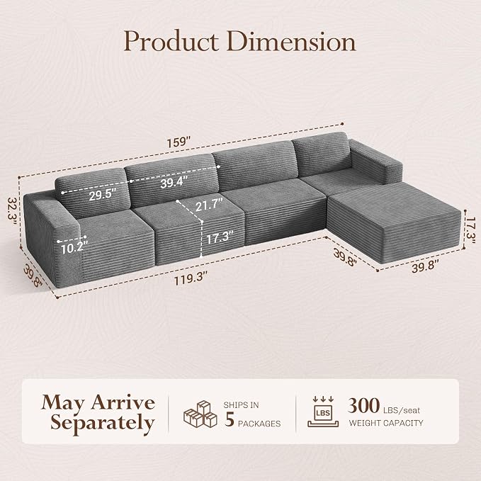 Vesgantti 159" Large Modular Sectional Sofa, L-Shaped Corduroy Cloud Couch - Image 2