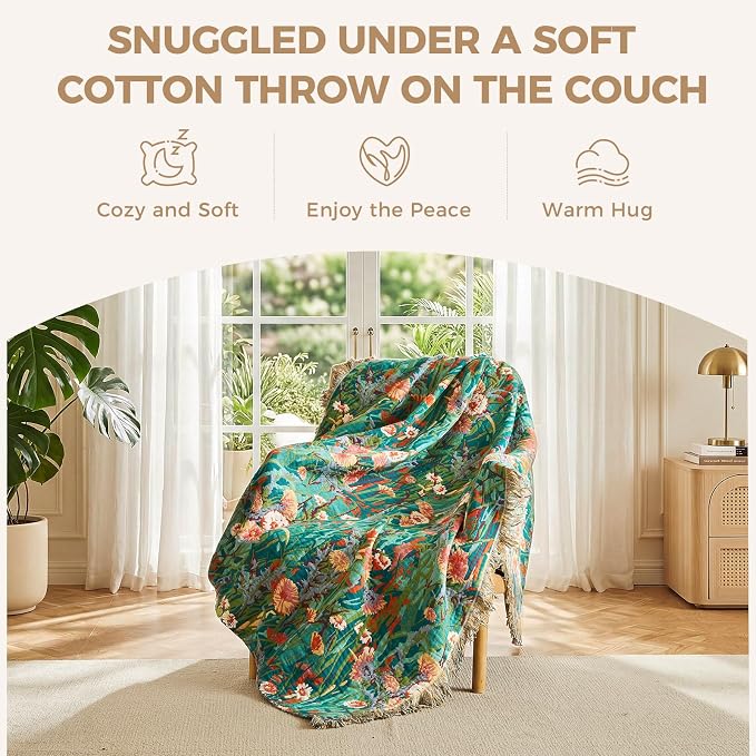 LUTBM Cotton Boho Blanket Queen Size Soft Summer Lightweight Bed Quilt Floral - Image 5