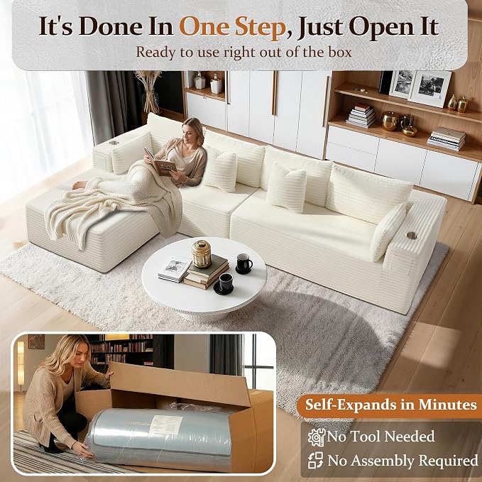 138" Cloud Sectional Couch, Comfort L Shaped Boneless Couch - Image 3