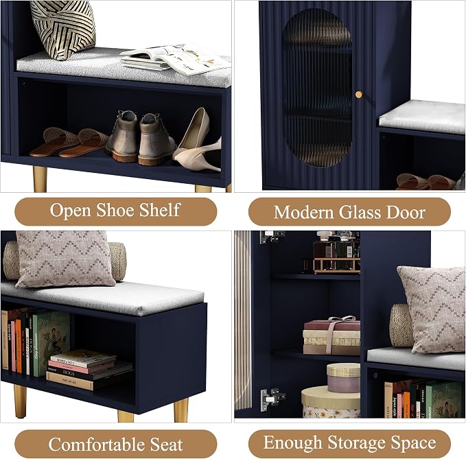 HLR Storage Bench with Glass Door&Shelf, Modern Entryway Shoe Cabinet Bench - Image 7
